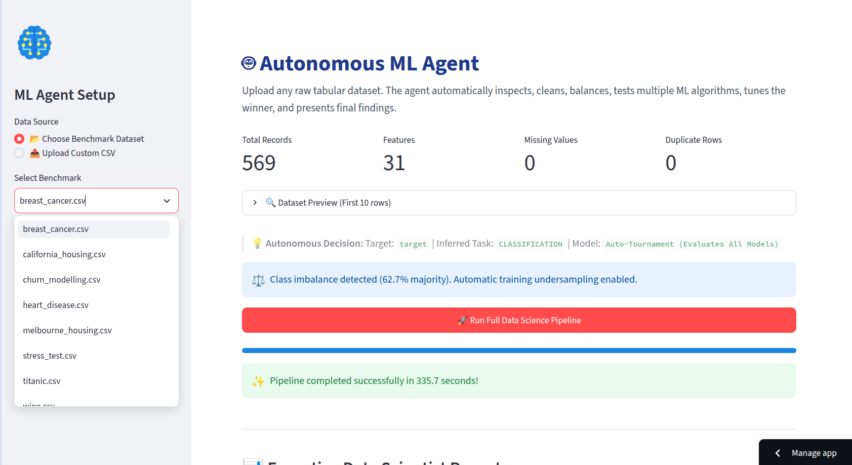 Autonomous ML Agent interface with the breast cancer benchmark loaded, a class imbalance detected and the pipeline completed