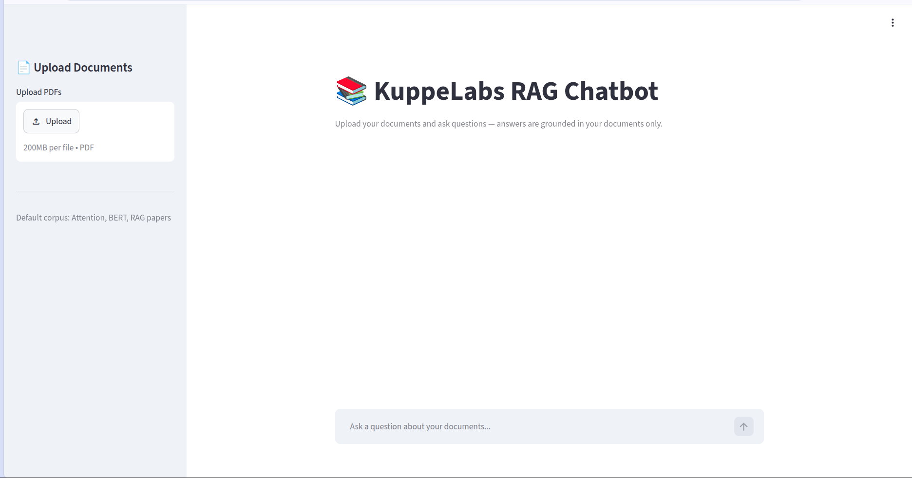 KuppeLabs RAG Chatbot interface with document upload and chat input